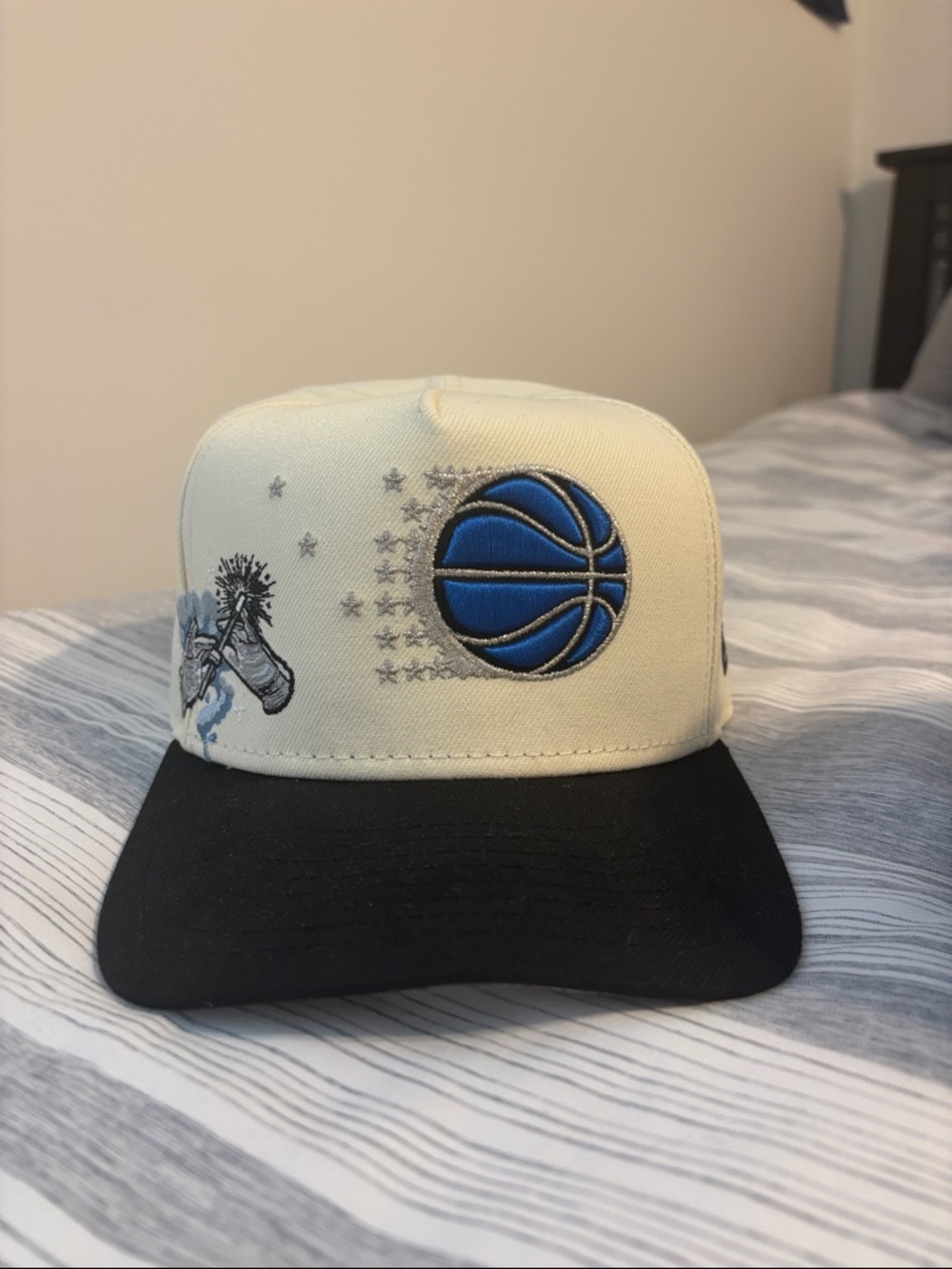 Basketball Embroidered Snapback Hat in Cream and Black